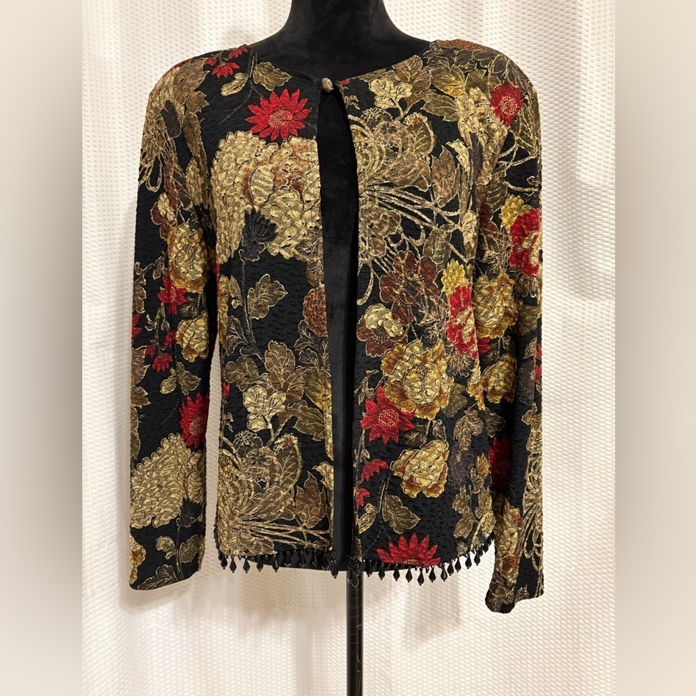 Vintage MSK multicolored floral print open front beaded hem cardigan size large